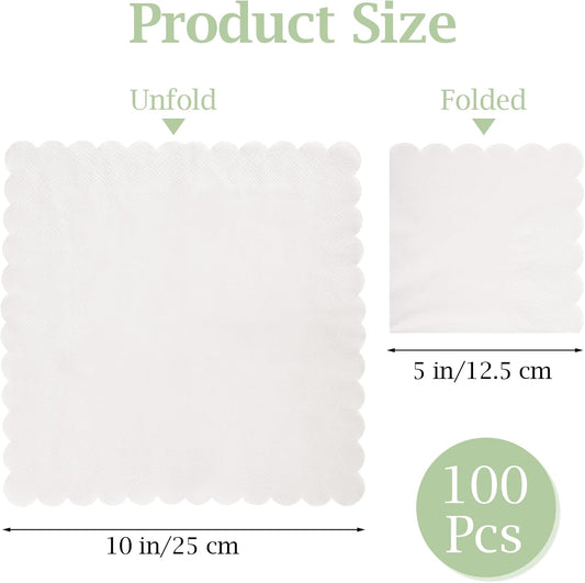 100 Pcs Cocktail Napkins, 2-Ply 5 x 5 Inches Disposable Scalloped Napkins, Thick Premium Dessert Napkins for Party, Wedding, Dinner, Birthday, Anniversary, Festival (White)