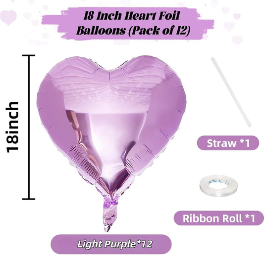 Purple Foil Heart Balloons, 12Pcs Lavender Purple Heart Shape Mylar Balloons, 18 Inch Light Purple Helium Heart Balloons for Girls Women Birthday Wedding Baby Shower Valentines Anniversary