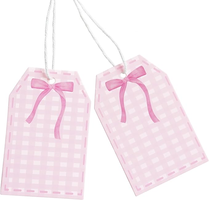 ASYEHJNR 100Pcs Coquette Pink Bow Gift Tags with String Pink Buffalo Plaid Large Gift Tag with 65Ft White String Paper Gift Tag for Coquette Bow Baby Shower Birthday Bachelorette Wedding Gift Wrap Tag