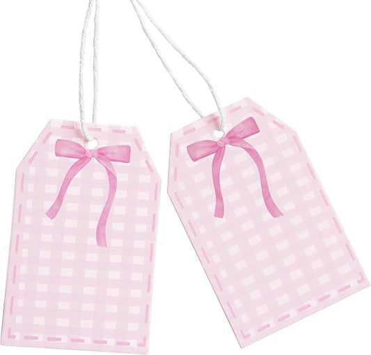 ASYEHJNR 100Pcs Coquette Pink Bow Gift Tags with String Pink Buffalo Plaid Large Gift Tag with 65Ft White String Paper Gift Tag for Coquette Bow Baby Shower Birthday Bachelorette Wedding Gift Wrap Tag