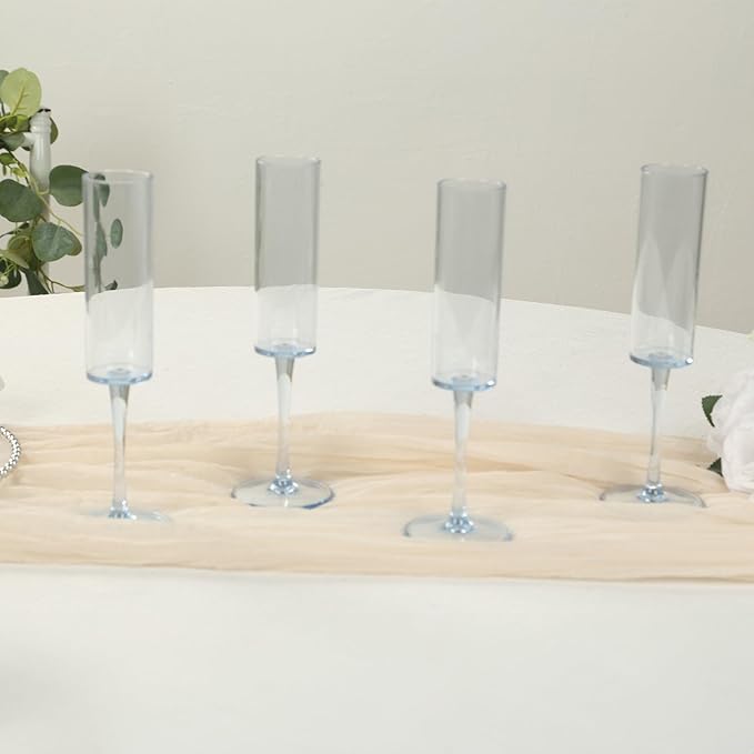 Efavormart 6 Pack Transparent Dusty Blue Reusable Plastic Champagne Flute Glasses in Cylindrical Shape, 6oz Wine Mimosa Glass Goblets with Long Stems - 9.5" Tall