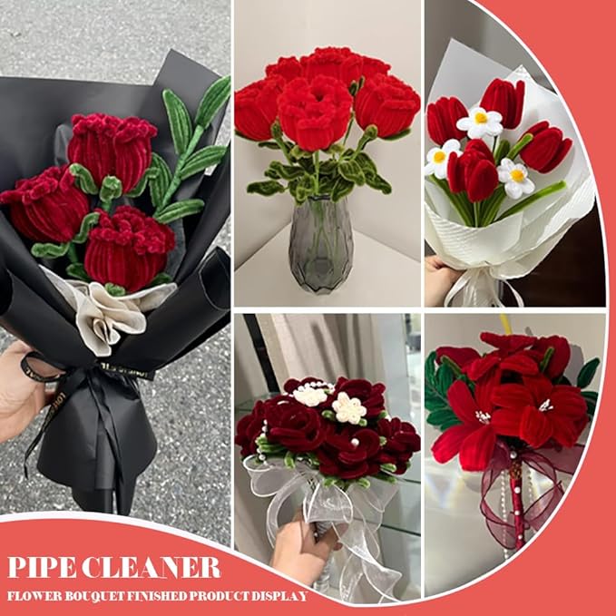 620 Pieces Red Pipe Cleaners Craft Set, 600 Pcs Plum Chenille Stems with 20 Pcs Flower Stems, Craft Supplies Bulk for DIY Art and Craft Projects Creative Gift Wrapping Party Decorations(Red Series)