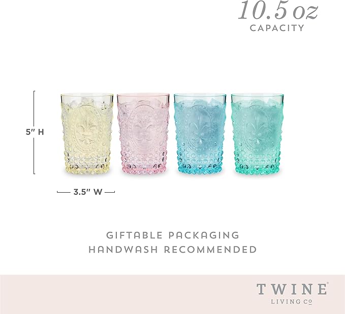 Twine Embossed Acrylic Colorful Drinking Glasses, Durable Shatterproof Tumblers for Cocktails, Wine, Juice, Water, Perfect for Outdoor Parties, BBQs, Poolside & Patio, 10.5 oz, Set of 4, Assorted