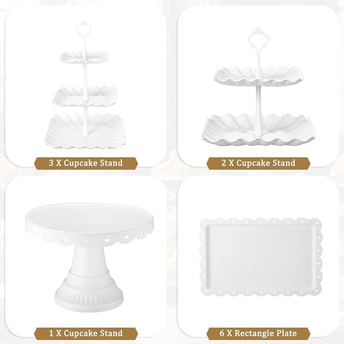 Willinglong 12 Pcs Dessert Cupcake Stand Holder, Cake Table Display Set Include 5 Cupcake Stand Tiered Tower 1 Cake Holder 6 Serving Tray Combo for Tea Party Birthday Baby Shower Wedding(White,White)