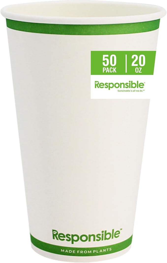 Responsible Products Certified Compostable 20 oz Paper Cups, Cold ＆ Hot Coffee Cups, Disposable Paper Cups, Extra Strength Disposable Cups, Made without PFAS (50 count)