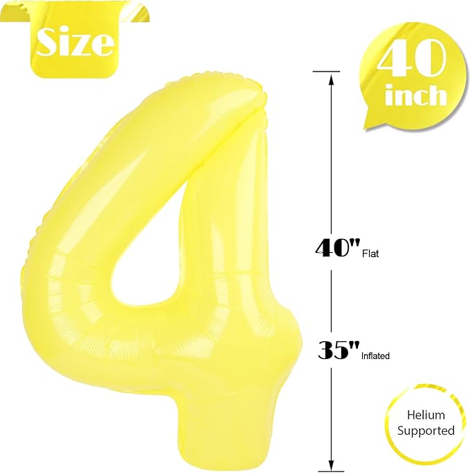 Yellow Number 4 Balloon 40 Inch, 4th Birthday Party Decorations for Children, Giant 4 Foil Balloon for Party Supplies