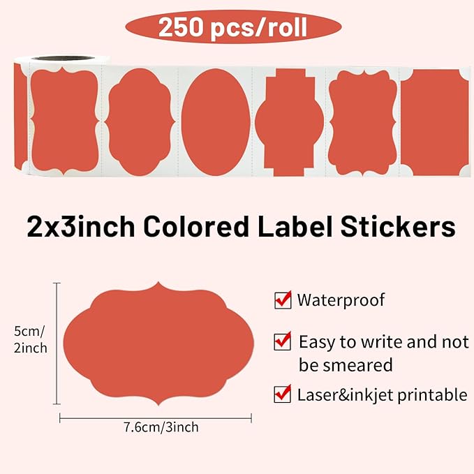 Yeachlaing Red Labels - 250 PCS 3" x 2" Fancy Shape Stickers for Storage Box or Food Jars