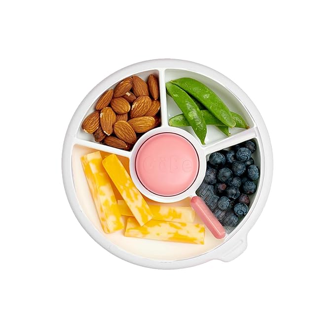 GoBe Kids Small Snack Spinner Slide Bundle with Hand Strap and Sticker Sheet - Reusable Snack Container with 5 Compartment Dispenser and Lid | BPA/PVC Free | Dishwasher Safe | No Spill - Coral Pink