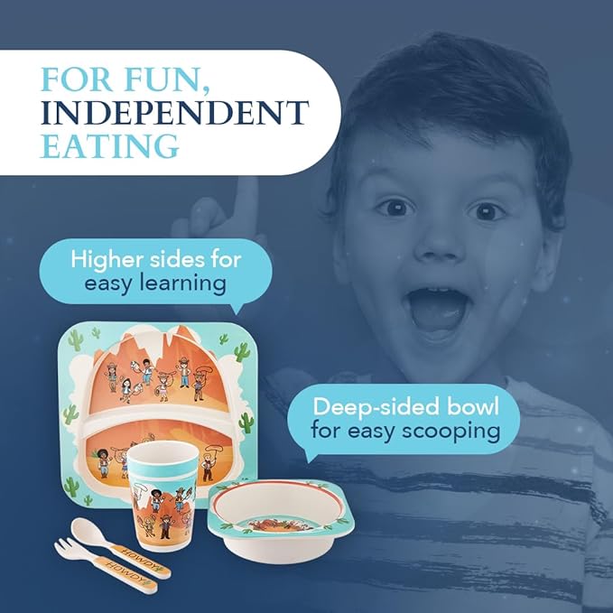 Western Cowboys Themed Kids Dinnerware - 5 Piece Set, Bamboo Fiber Plate, Bowl & Cup, Toddler Safe Utensils