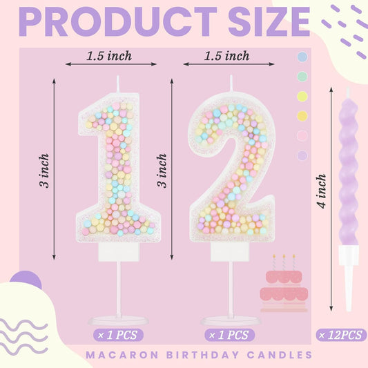 MTLEE Number 12 Birthday Candle with 12 Pcs Spiral Candles for Girls Macaron Pastel Rainbow Unicorn Pink Cake Topper for Sweet Theme Party Decoration