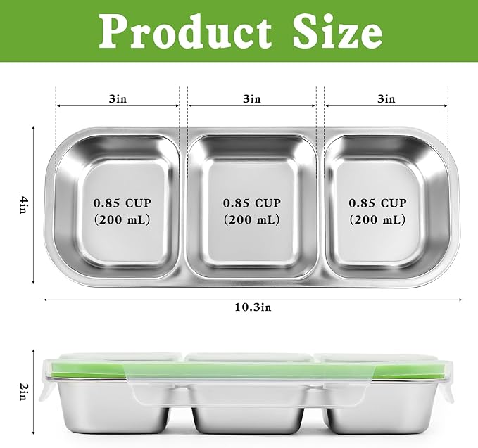 UPTRUST Reusable Snack Containers with Lids, 2pcs Stainless Steel 3-Compartment Snack Box, Divided and Leak-Proof Design for Take-Out Condiments and On-the-Go Snacks