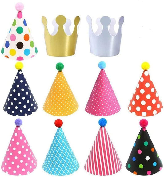 ELakiss 11PCS Birthday Party Cone Hats - Pom Poms,Lovely Cake Cone Birthday Paper Hats,Lovely Crown,For Kids and Adults Decorations (9 hats and 2 crowns)