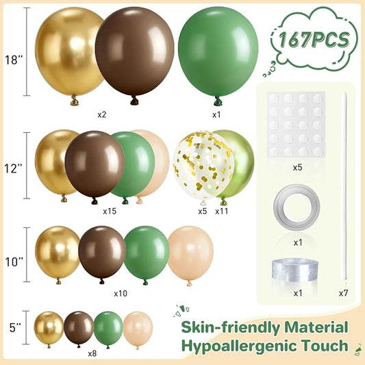 Sage Green Brown Nude Gold Balloon Garland Arch Kit, 167Pcs Latex Balloons Different Sizes 18 12 10 5 inch for Woodland Birthday Safari Jungle Baby Shower Graduation Gender Reveal Party