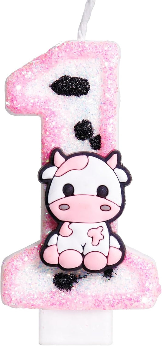 Pink Cow Glitter Birthday Candles Number 1 Birthday Decorations, Holy Cow Im One Birthday Decorations, Number 1 Candle for Cake, Cowgirl Theme Number Candle for Girls First 1st Birthday Party Décor