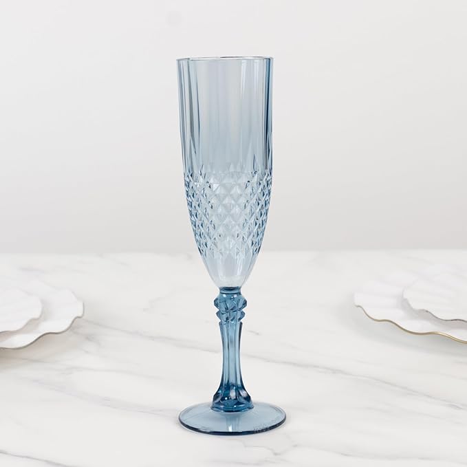 Efavormart 6-Pack Champagne Glasses, 8oz Shatterproof Plastic Crystal Cut Toast Flutes, Dusty Blue for Party Celebration Wedding