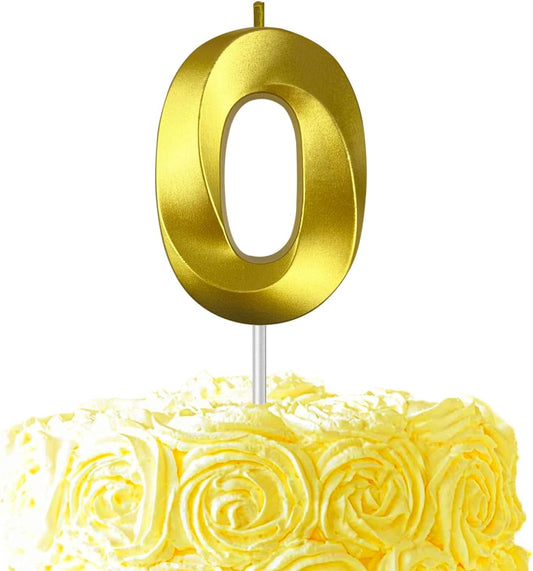 Gold Number 0 Candles, 3D Diamond 2.76 Inch Cake Topper Birthday Candles for Wedding Anniversary Cake Decorations, Happy Birthday Party Decorations