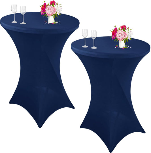 2 Pack Cocktail Spandex Tablecloth 32"x43" Cocktail Table Cover Fitted High Top Round Table for Bar Wedding Birthday Party Banquet (Navy Blue)
