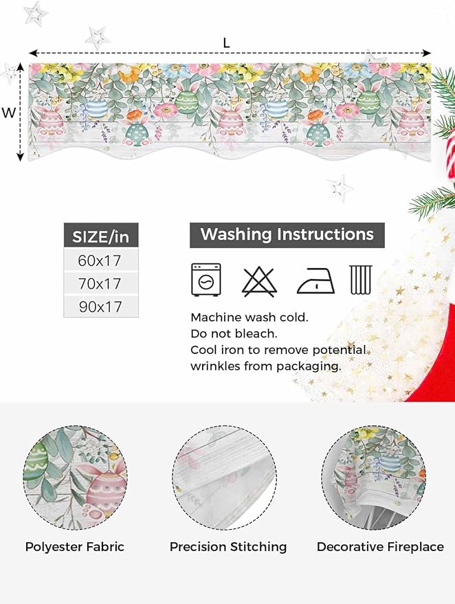 Easter Fireplace Mantel Scarf Table Runner, Spring Eggs Eucalyptus Leaves Wooden Grain Winter Garland Mantel Top Tablerunners Dresser Scarves Cover Decorations for Windows Party Living Room 90''x17''