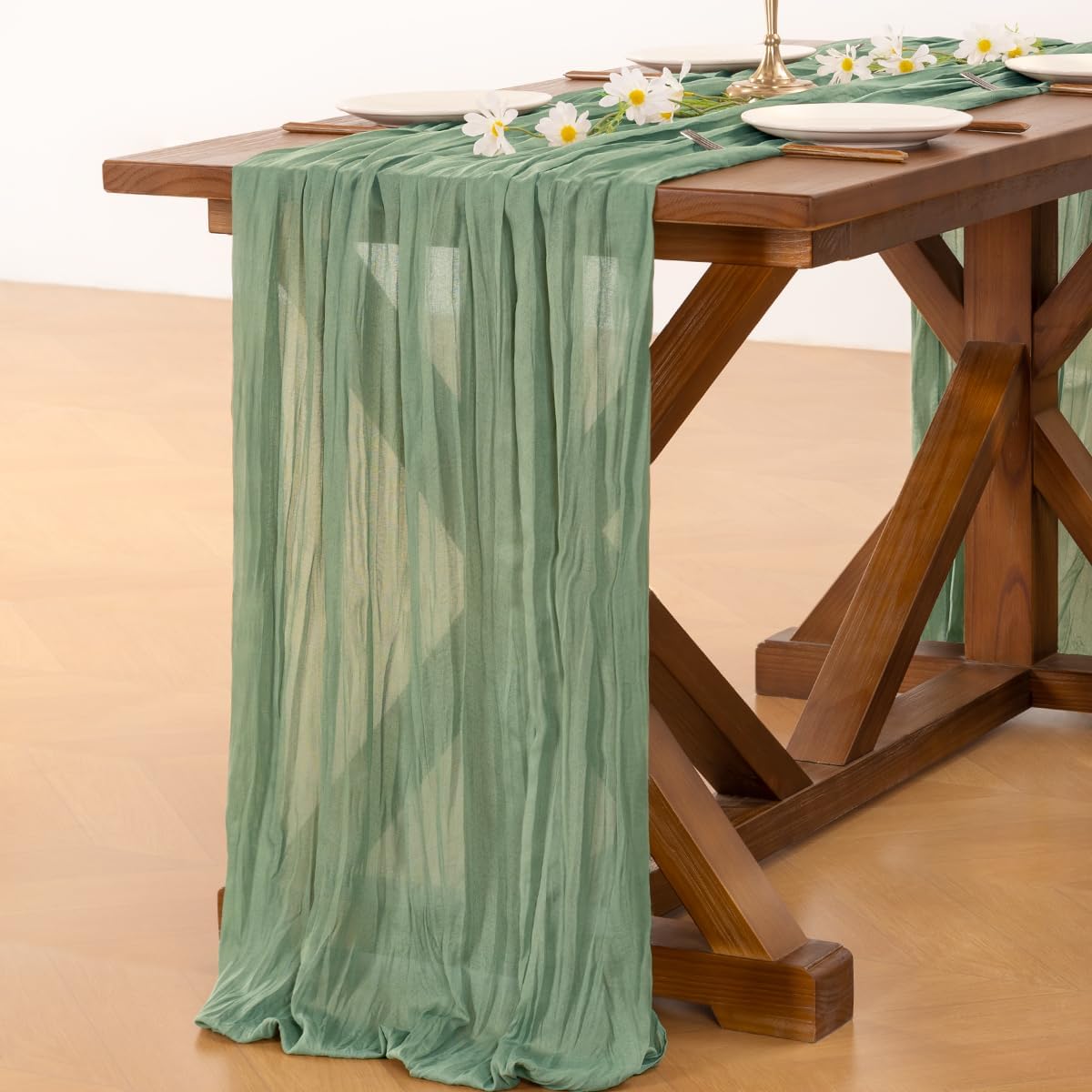 Socomi Sage Green Cheesecloth Table Runner Fall Thanksgiving Boho Rustic Farmhouse Gauze 120 inch 10FT Cheese Cloth Runner for Wedding Party Baby Shower Birthday Home Decor Holiday Decorations