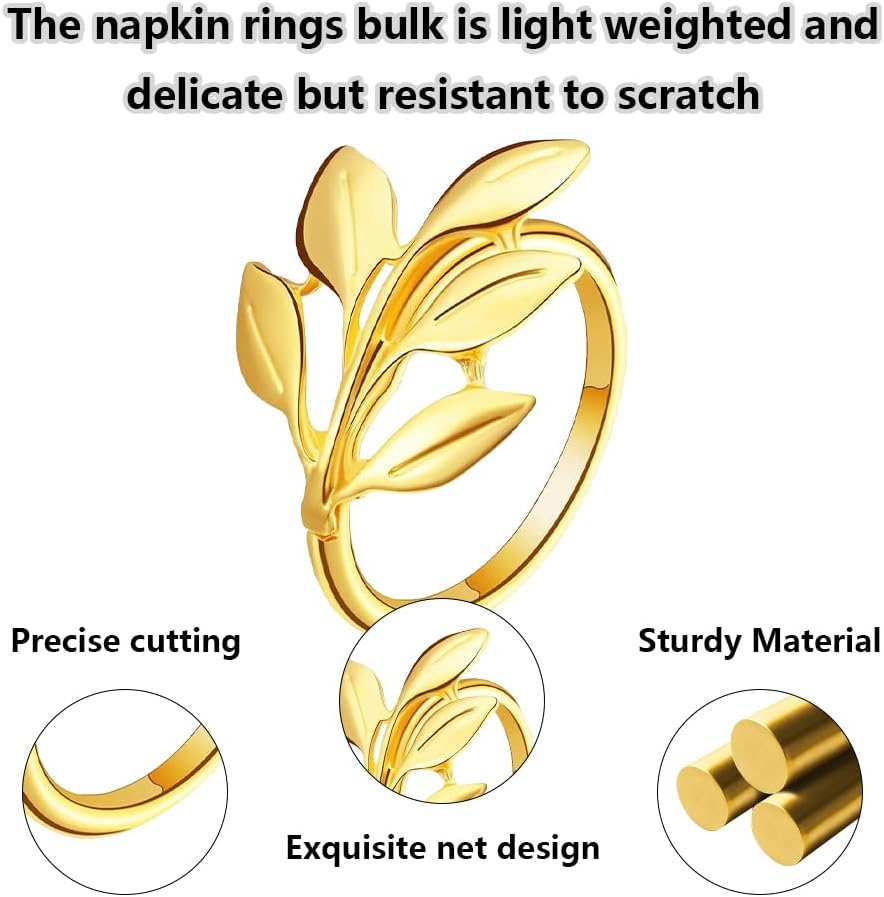 Napkin Rings Set of 12 - Gold Semicircle Metal Leaf Fall Thanksgiving Christmas Napkin Rings, Napkin Holder for Thanksgiving Dinner Table Decor Wedding Kitchen Banquet Holiday Everyday Party