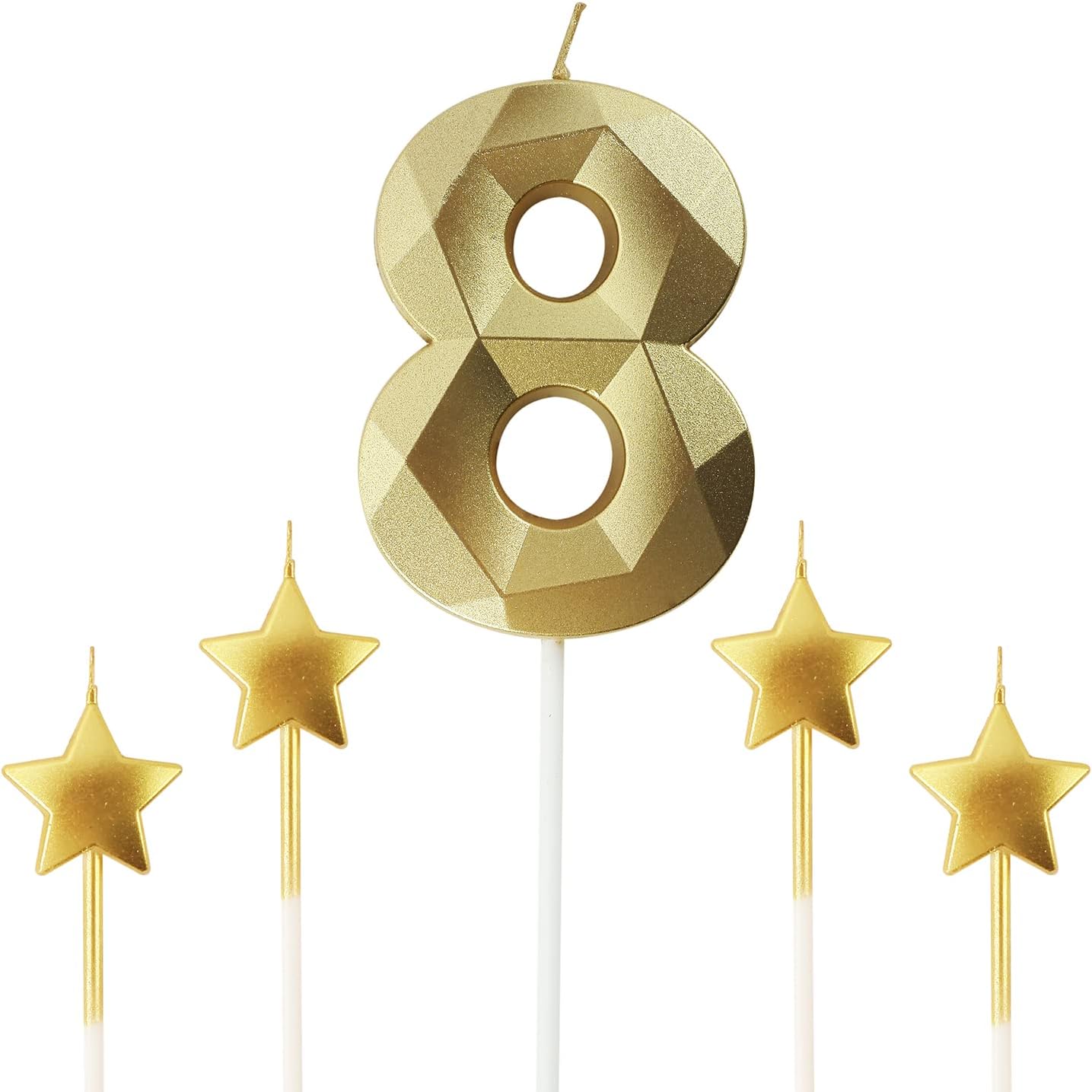 Golden Number 8 Birthday Candles and Star Birthday Candles 2.76 inch Birthday Cake Candles 3D Diamond Shaped Candles are Suitable for Birthday Parties and Anniversary Cake Decorations Candles(Gold 8)
