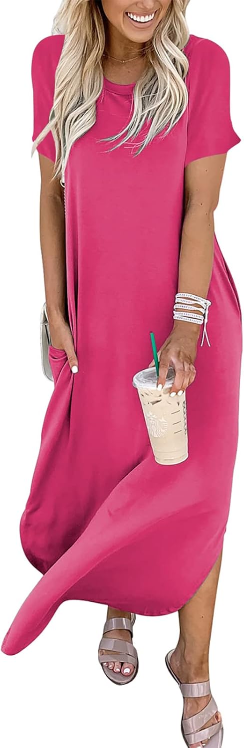 ANRABESS Womens Summer Maxi Dress Short Sleeve Casual Loose Long T Shirt Dresses Split Vacation Beach Sundress Travel Outfits