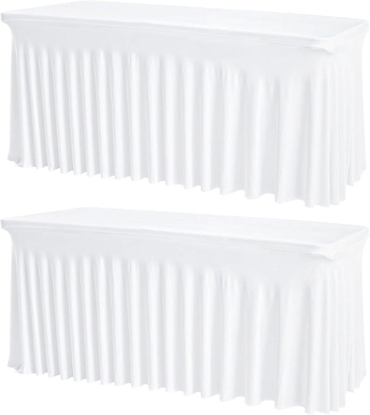 2 Pack White Rectangle Tablecloths, Washable Stretch Fitted Spandex Table Covers for 6FT Tables, Wrinkle-Free & Reusable Table Cloths,Ideal for Parties, Banquets, Wedding, Buffet,Events