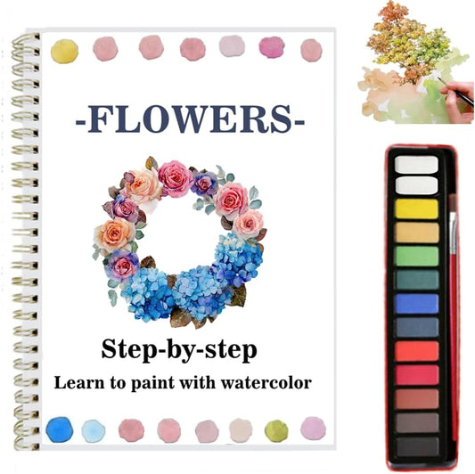 Watercolor Workbooks Coloring Book Easy Nature Scenes Beginner Friendly Watercolor Paint Set Art Crafts Painting Kit for Creative Exploration Gift for Adults Teens (Flowers, with Palette)