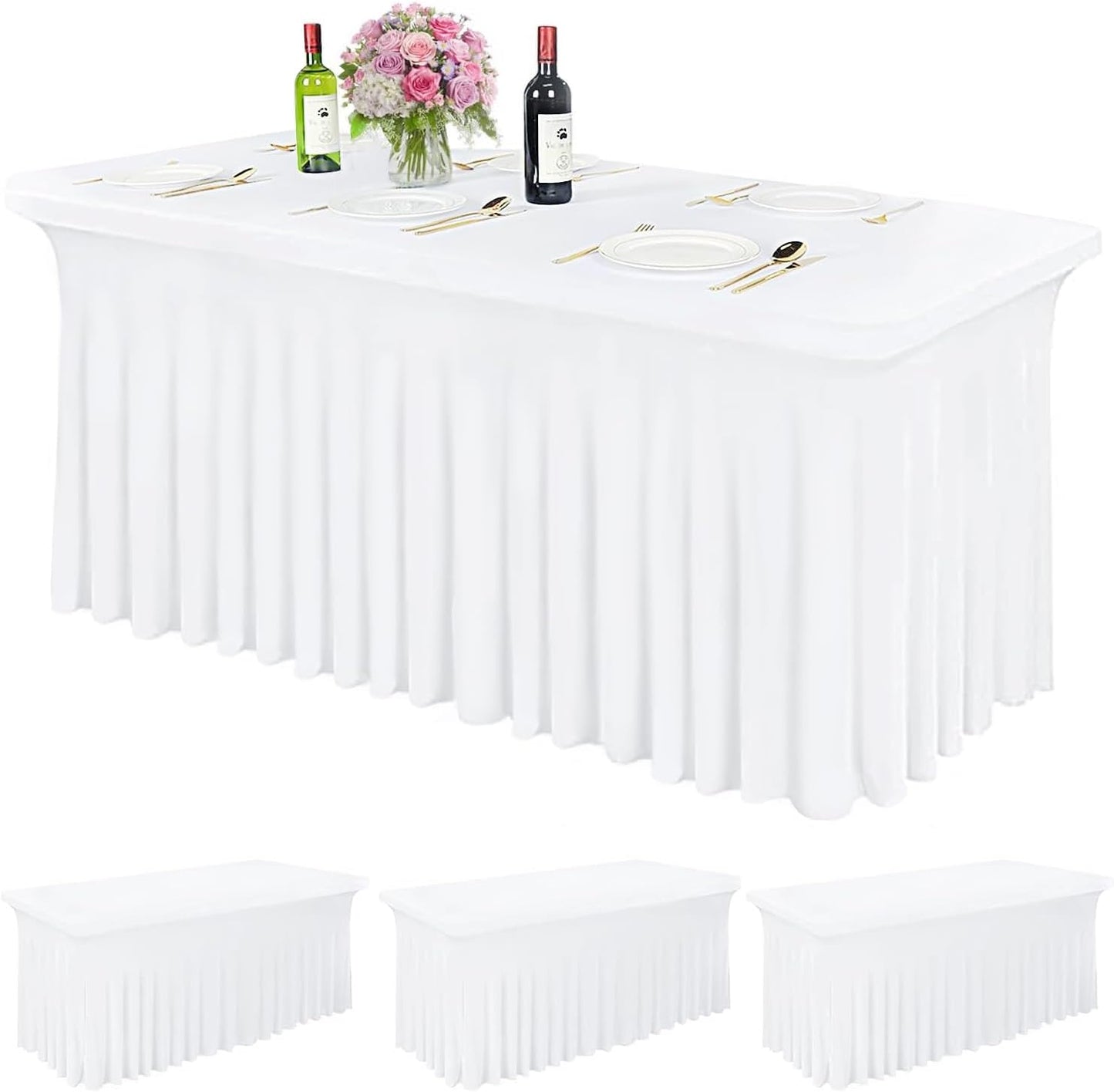CoFashion Table Skirt for 6ft Tables Spandex White Table Cover with Skirt 3 Packs Stretchy Tablecloth Wrinkle-Resistant Ruffles Elastic Table Covers for Wedding, Banquet, Birthday Parties