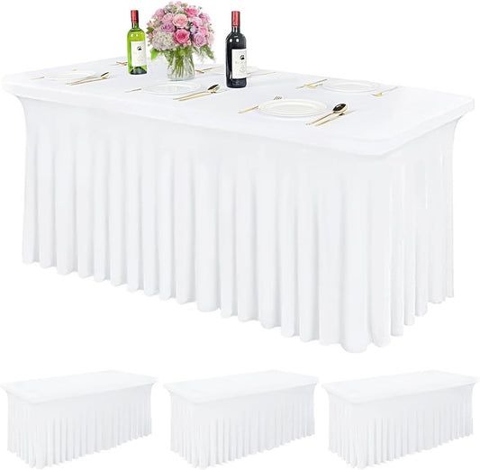 CoFashion Table Skirt for 6ft Tables Spandex White Table Cover with Skirt 3 Packs Stretchy Tablecloth Wrinkle-Resistant Ruffles Elastic Table Covers for Wedding, Banquet, Birthday Parties