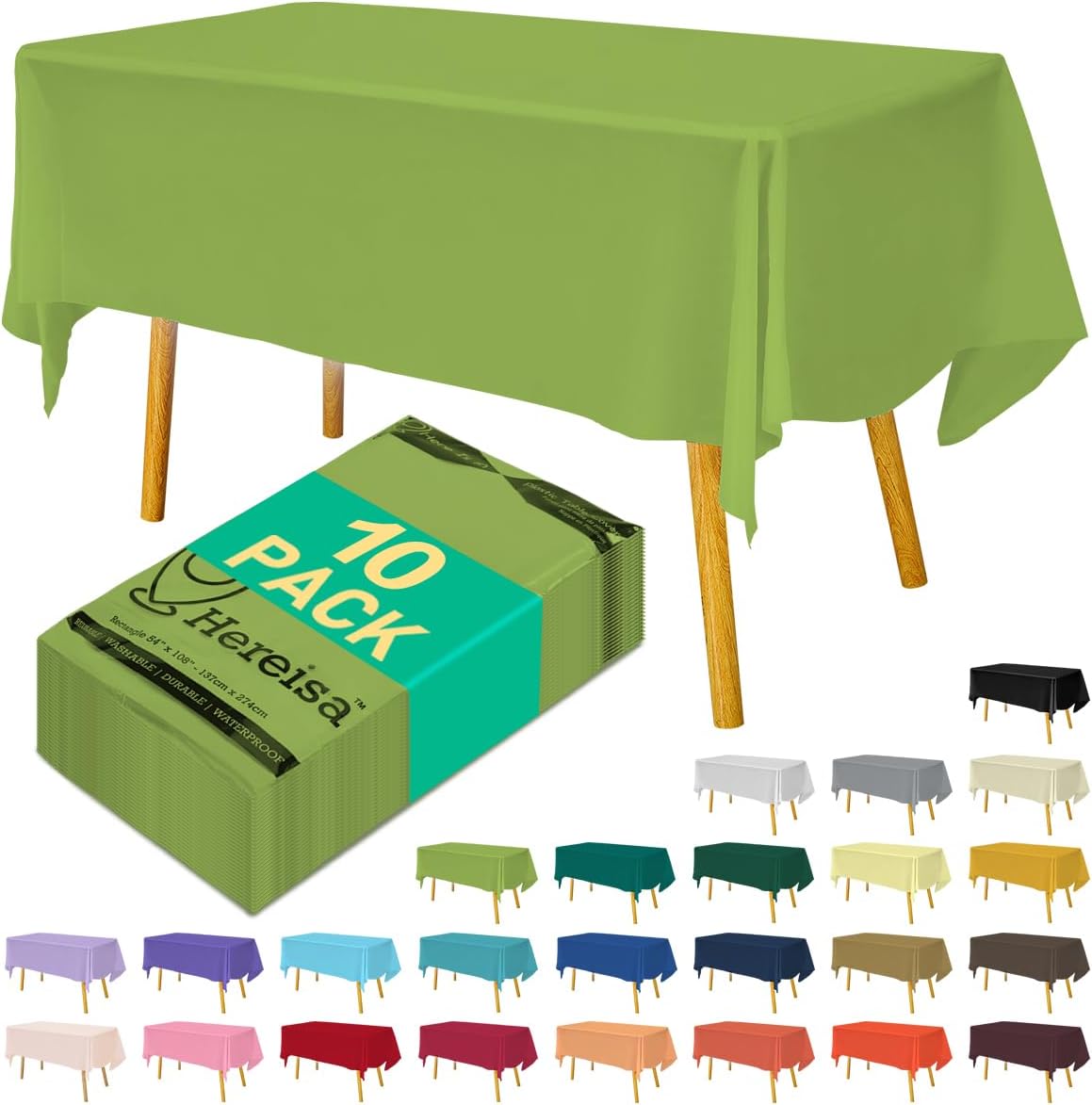 Disposable Light Green Plastic Tablecloth 54x108 Inch, 10-Count Waterproof Rectangle Table Cover for Events, Catering