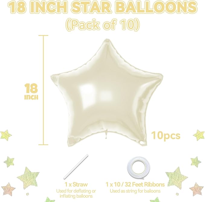 Cream Star Foil Balloons, 10PCS Cream White Foil Stars Shape Balloons, 18 Inch Beige Aluminum Balloon for Helium Pentagram Balloon for Birthday, Anniversary, Graduation, Baby Shower Party Decoration