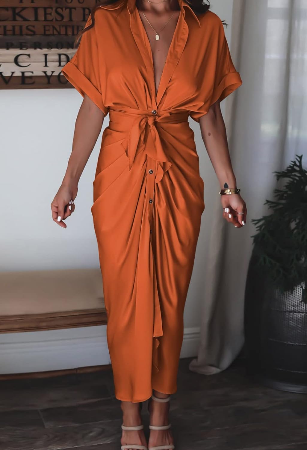 Women Elegant Satin Button Down Short Sleeve Maxi Shirt Dress with Belt
