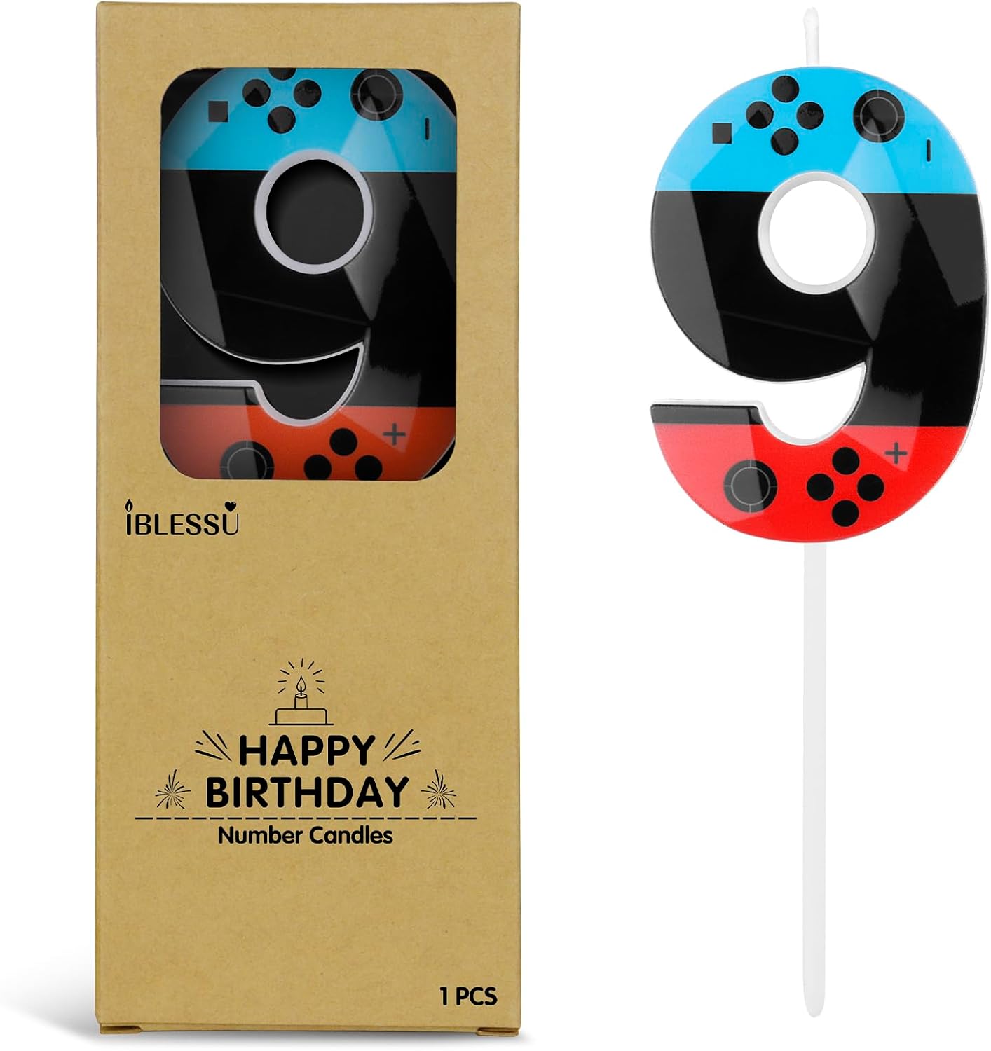 Number 9 Level Birthday Candles, 2.68 inch Gamer Candles, Red Blue Birthday Candles, Game Controller Gamepad Candles,Video Game Controller Themed Kids Boy Girl Party Supplies