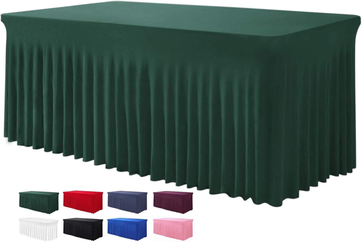 Table Skirts for Rectangle Tables 6ft - One-Piece Hunter Green Tablecloths and Skirt, Wrinkle Resistant Ruffles Elastic Cover for Banquets, Weddings, Events, Parties