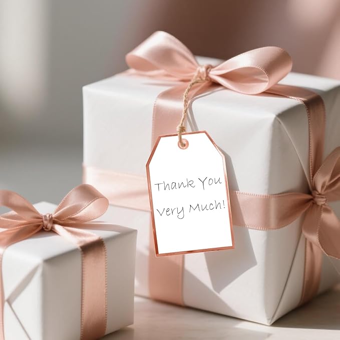 ASYEHJNR 100Pcs Blank Gift Tags with String Attached Foil Rose Gold Frame Large White Paper Gift Tags Presents with 65 Ft Jute Twine for Birthday Wedding Baby Shower Graduation Gift Wrap Tag