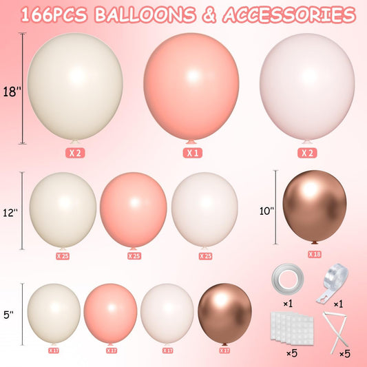 Pink and Gold Balloons Garland Arch Kit, 166Pcs Dusty Pastel Pink White Sand Rose Gold Metallic Balloon for Wedding Bridal Shower Princess Party Girl Birthday Baby Shower Decoration