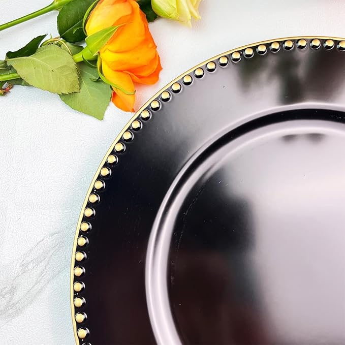 Black Charger Plates with Beaded Rim, 13" Round Charger for Dinner Plates, Set of 6 Plastic Plate Chargers for Halloween, Table Setting, Party Decoration.