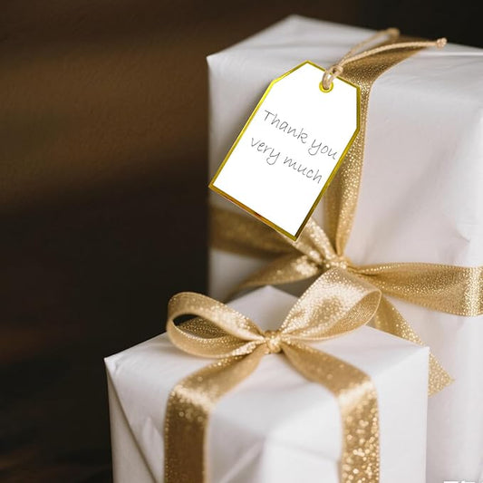 ASYEHJNR 100Pcs Gold Gift Tags with String Attached Foil Gold Frame Large White Paper Gift Tags Presents with 65 Ft Jute Twine for Christmas Holiday Baby Shower Wedding Birthday Gift Wrap Tags