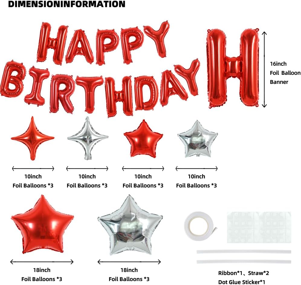 TONIFUL 35PCS Red Happy Birthday Decorations Kit 16 Inch Happy Birthday Balloon Banner with Star Balloons Mylar Foil Birthday Party Decorations Supplies for Men Women Adults Girls Boys Kids