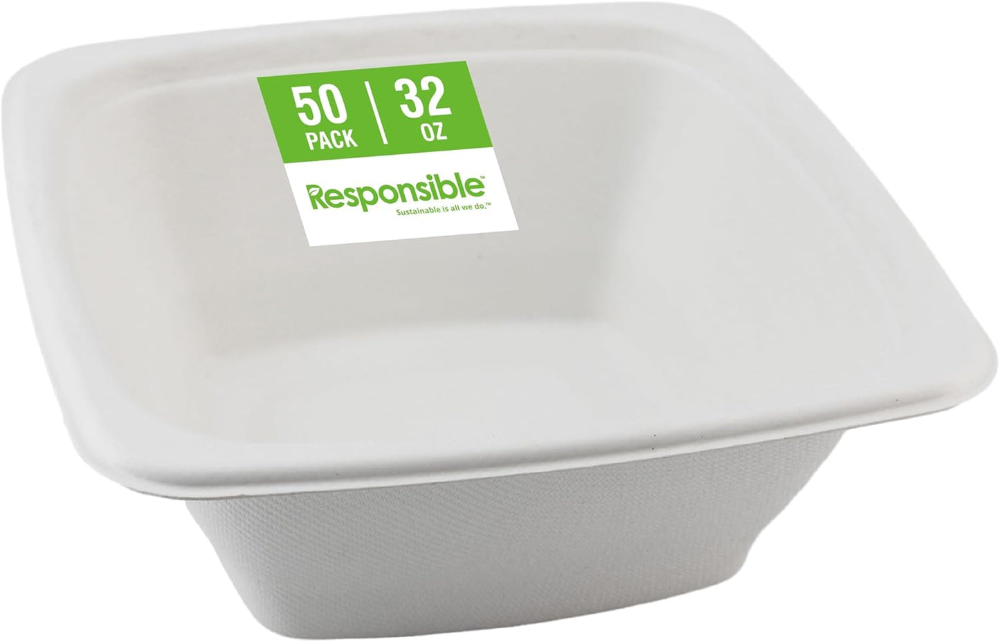 100% Compostable Square Serving Bowls, 32 oz Disposable Paper Bowls, Microwave Safe, Freezer Safe, Soup Safe, No Plastic, Eco-Friendly, Tree-Free, No PFAS. White (50 Count)
