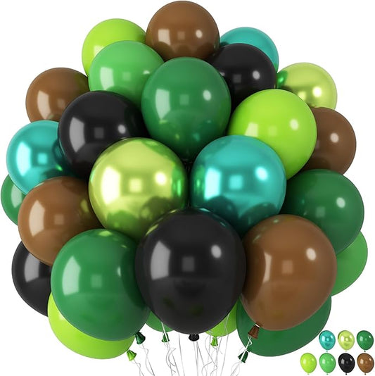 Green and Brown Balloons 60 Pcs Black Dark Emerald Camouflage Hunter Forest Lime Metallic Green Coffee Party Balloon for Camping Game Jungle Safari Camo Birthday Baby Shower Army Party Decor