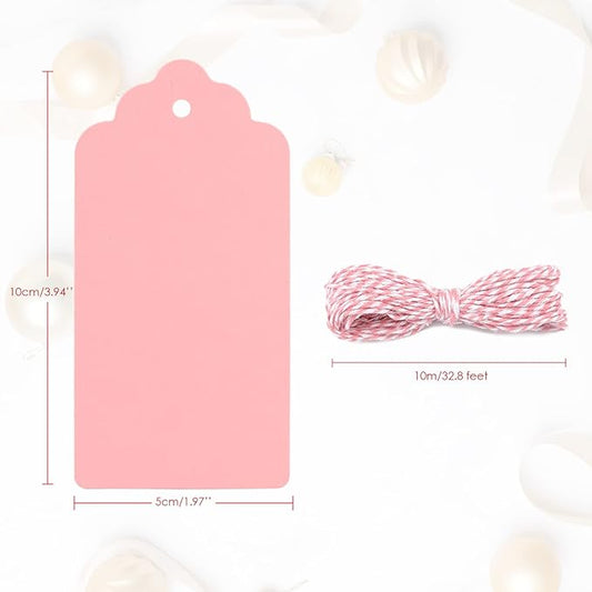 G2PLUS Pink Paper Gift Tags, 100PCS Kraft Paper Tags with String, 2x4 in Blank Hang Tag, Wedding Favor Tag for Gift Wrapping, Arts & Crafts, Valentine's Day, Thanksgiving, and Holiday Party Favors