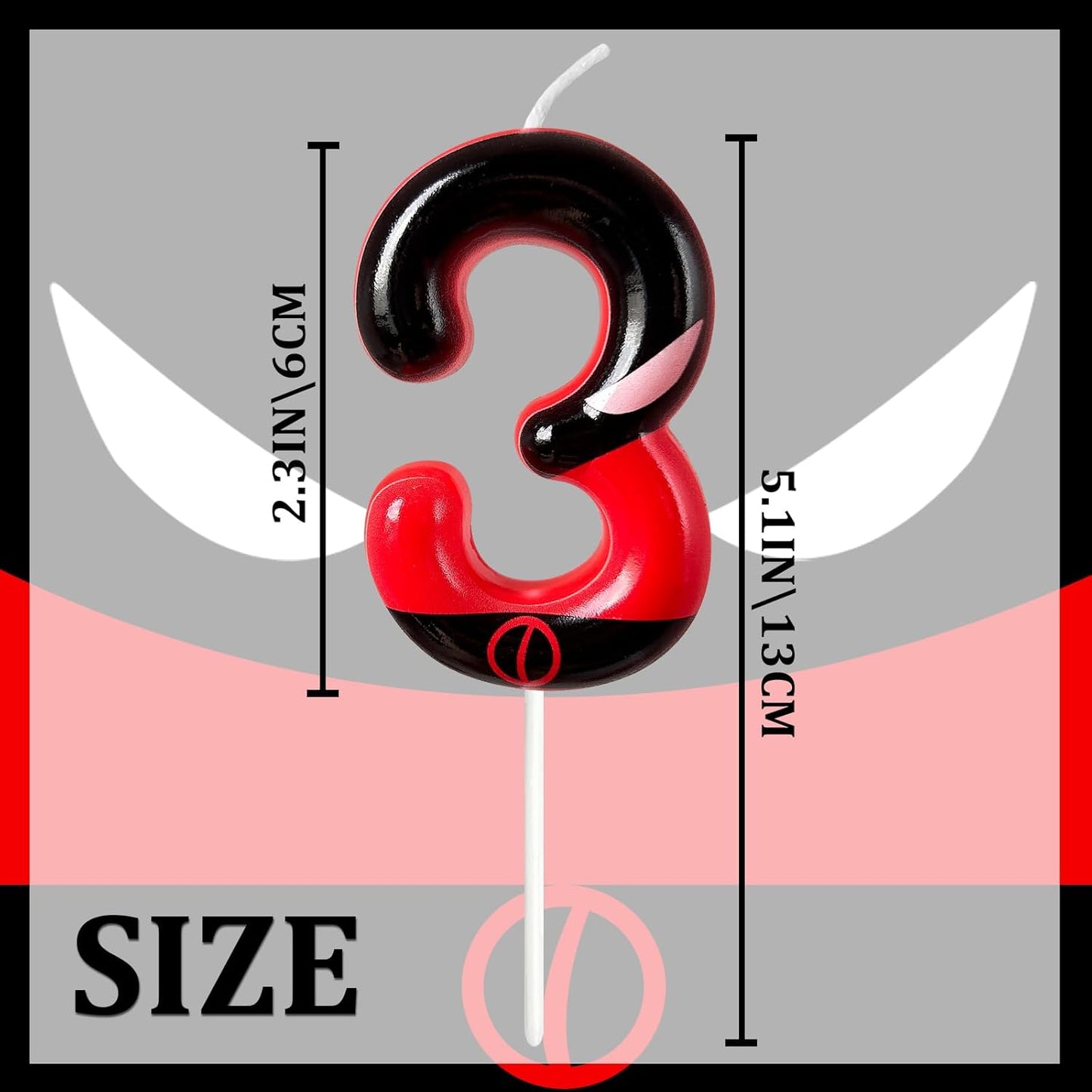 Black Red Mask Number 3 Birthday Candles - Comic Themed Cake Topper for Birthday Decorations Supplies, 3 Candle Party Favors (Number 3)