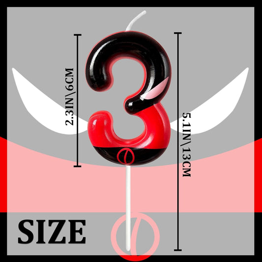 Black Red Mask Number 3 Birthday Candles - Comic Themed Cake Topper for Birthday Decorations Supplies, 3 Candle Party Favors (Number 3)