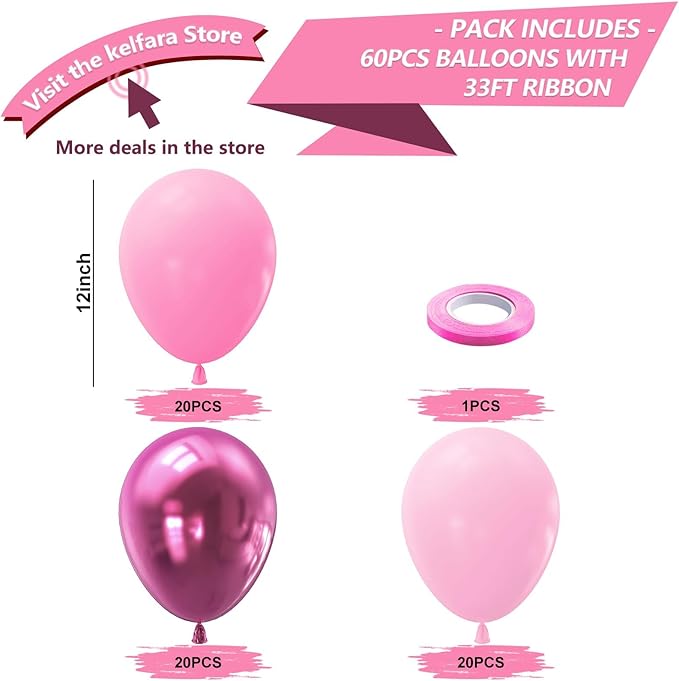 Kelfara Pink Balloons Metallic Hot Pink Balloons 60PCS 12inch Light Pink Dark Magenta Pink Latex Balloons for Grils Birthday Princess Baby Shower Wedding Party Supplies Decoration