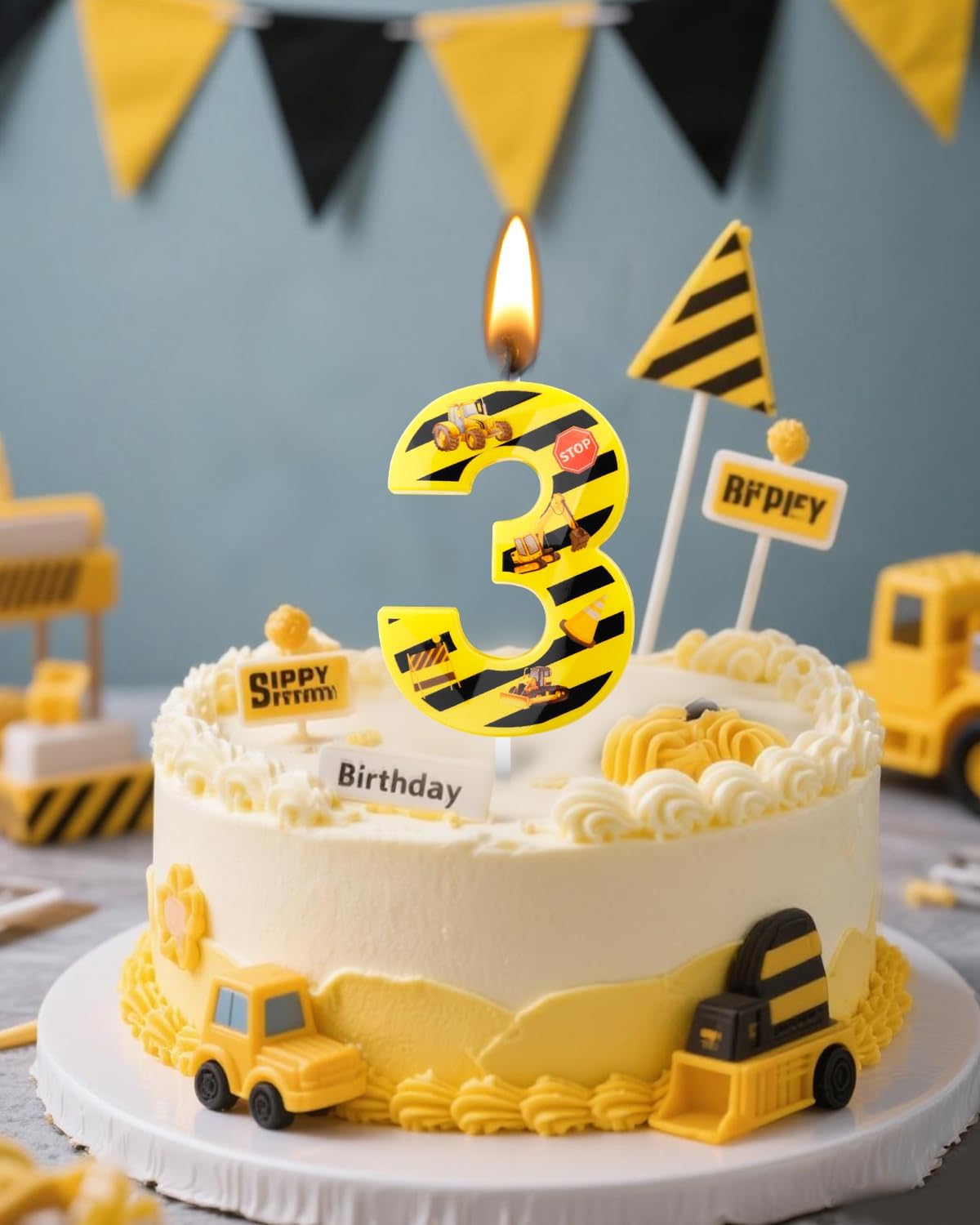 Number 3 Construction Birthday Candle, 2.68 Inch Yellow and Black Striped Candle, Birthday Candles Numbers Construction Cake Topper for Boys Girls, Construction Birthday Party Supplies Decorations
