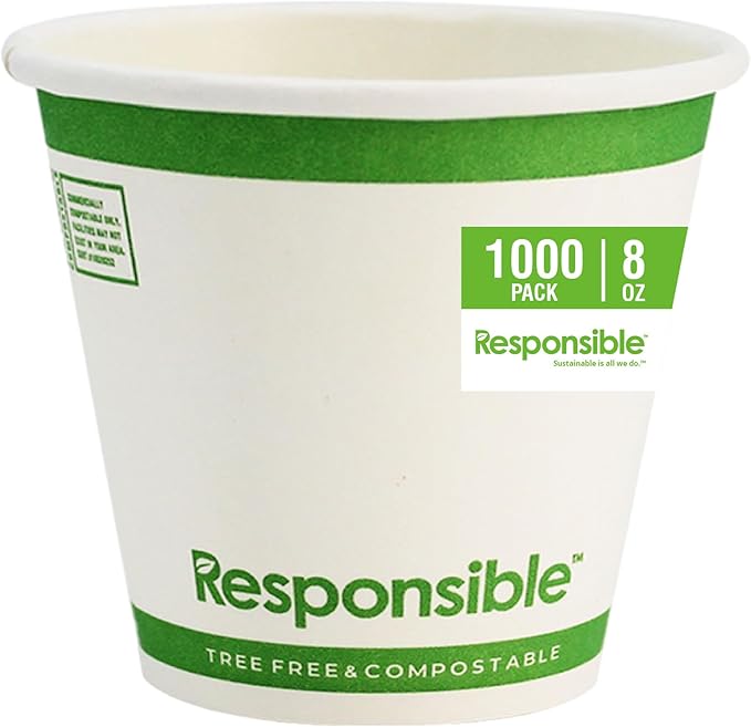 Responsible Products 8 oz Paper Hot Cups (Squat), Tree-Less™ Compostable Paper Coffee Cups, Extra Strength, Tree-Free and Made Without PFAS, White (1000 Count)