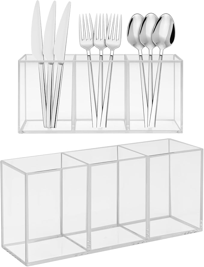 Plastic Utensil Holder for Party, Knife Fork Spoon Holder Silverware Caddy, Acrylic Kitchen Cutlery Storage Box, Tableware Holder Flatware Organizer for Counter (Clear)