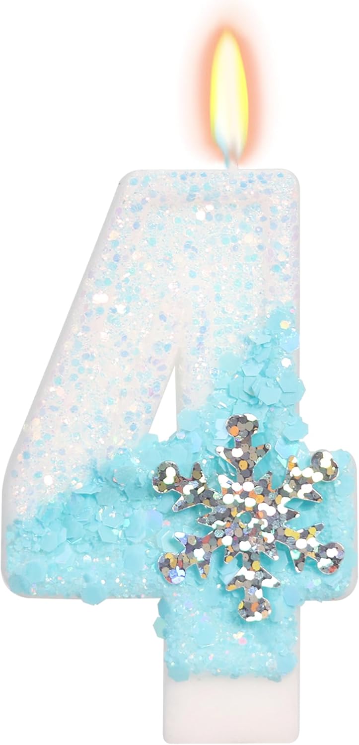 Sky Blue Frozen Themed Birthday Candles, Snowflake Number Candles for Kids Adults Birthday Party Supplies, 2.76 inch Number 4 Candle Cake Topper Decorations (Number 4)